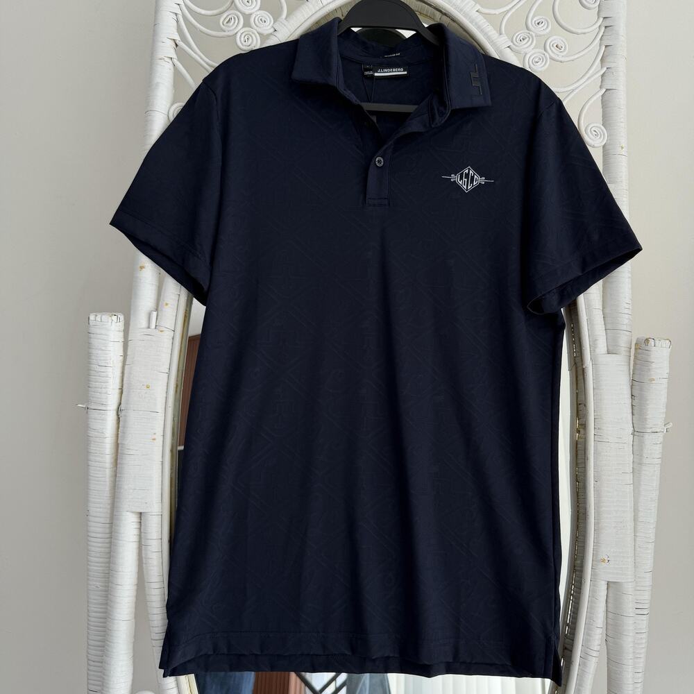 J.Lindeberg Polo Shirt Men Small JL Navy Jacquard Golf Performance La Gorce Club